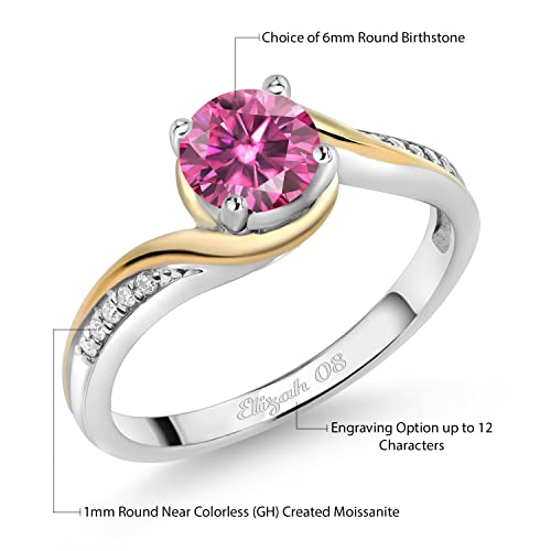 Gem Stone King 925 Sterling Silver and 10K Yellow Gold Customized and Personalized 6MM Round Gemstone Birthstone and White Lab Grown Diamond Name Engraved Engagement Ring For Women2