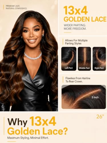 Image of Sunber Balayage Brown Body Wave Wig Human Hair 180% Density Highlight 13x4 HD Lace Front Glueless Wig Pre Cut Lace Pre Plucked Bleached Knots Invisi Drawstring Wear and Go Loose Wave Wigs 18inch