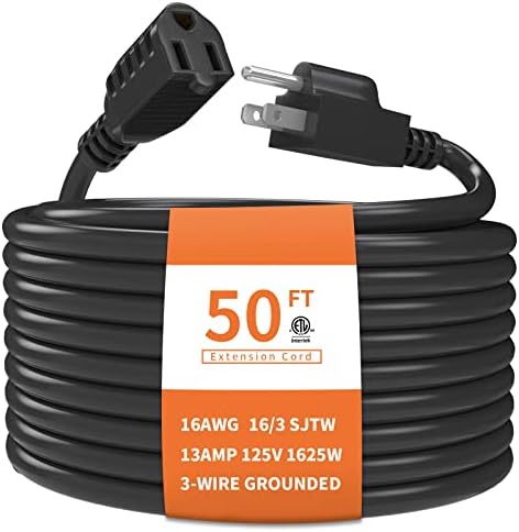PLUGTUL Outdoor Extension Cord 50 FT Waterproof, 16/3 Gauge Black Heavy Duty 3 Prong Extension Cord, 13A 1625W SJTW, ETL Listed, Great for Garden and Home