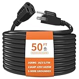 PLUGTUL Outdoor Extension Cord 50 FT Waterproof, 16/3 Gauge Black Heavy Duty 3 Prong Extension Cord,