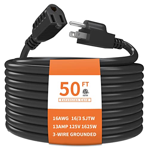 Plugtul Outdoor Extension Cord 50 Ft Waterproof, 16/3 Gauge Black Heavy Duty 3 Prong Extension Cord, 13A 1625W Sjtw, Etl Listed, Great For Garden And Home #TOP1