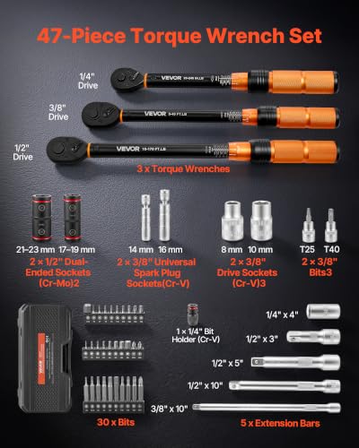 Image of VEVOR Torque Wrench Set 1 /4 inch 3 /8 inch 1 /2 inch Drive Click Torque Wrench 47-Piece, Dual Scale Readings, ±3% High Precision, with Spark Plug Sockets, Bits, Extension Bars, Storage Case, for Automotive Repair