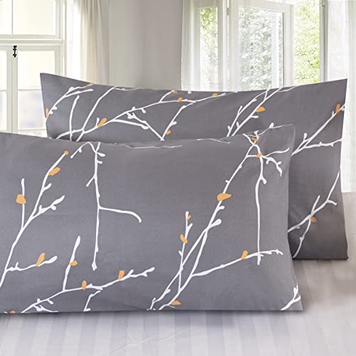 LRZG Bettwäsche King-Size-Kissenbezug, 2er-Set, weißes Zweigmuster, gedruckt auf grau-grauem Kissenbezug-Set mit Hotelverschluss, 100 % Polyester, weich, atmungsaktiv, leicht und langlebig Cover