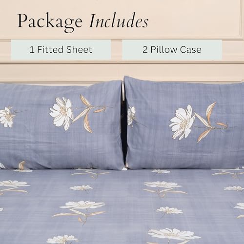 Image of Amazon Brand - Umi Cotton Elastic Fitted Bedsheet, King Size 78x72 Inches, Elastic Fit Bed Sheet, 10 Inch Deep Pocket, Soft Breathable Bedding, Durable Easy Care, with Pillow Cover-Lunar Flora