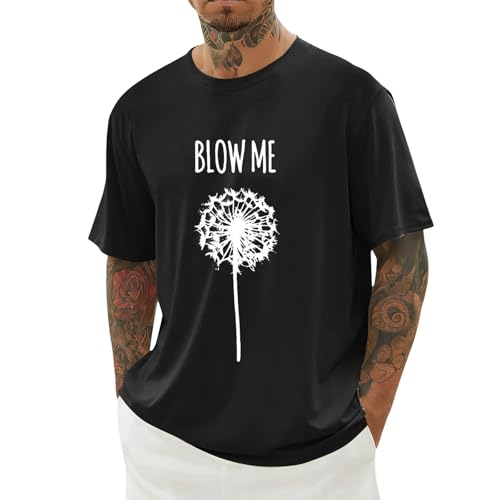 Image of Men's Funny Dandelion Print and Slogan Blow Me T Shirt Oversize Men Women Short Sleeve Round Neck Top Large Size Loose Fit for Summer Daily Casual Sport Walking Holiday, 01-black, XXS
