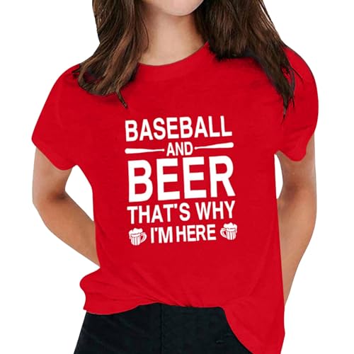Camiseta informal de manga corta con cuello redondo y estampado de béisbol para mujer, rosso, L