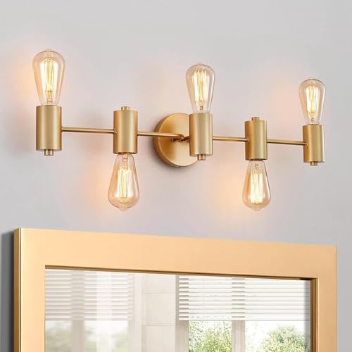 Image of WUZUPS 5-Light Bathroom Light Fixture Over Mirror Morden Vanity Wall Scones Light for Bedroom Living Room, E26 Base, Gold