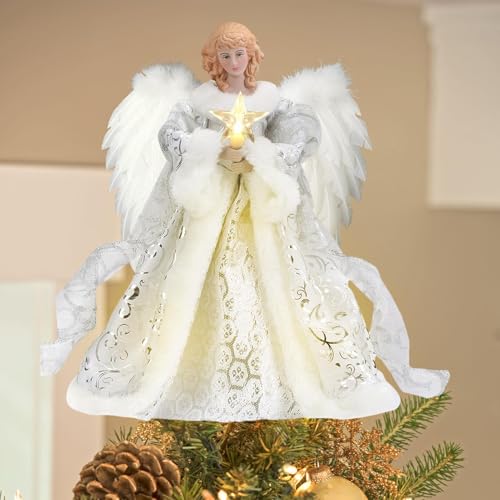 Angel Christmas Tree Topper | Light Up Angel Topper With White Feather Wings - Image 3