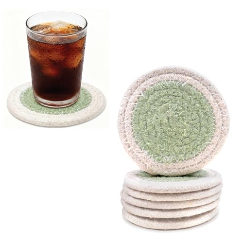 Image of Encasa XO Drink Coasters Set of 6 | Sage & Off White with Round (9 cm) | Handcrafted Ribbed Cotton | Absorbent & Heat-Resistant | Use for Tea, Coffee Table & Desk