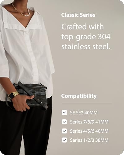 Image of Fullmosa Metal Band with Case for Apple Watch 41 /40 /38mm | Fits iWatch Series 9 /8 /7 /6 /5 /4 /3 /2 /1,SE3 /2 /1,Stainless Steel Strap for Men Women Professional Office Golden