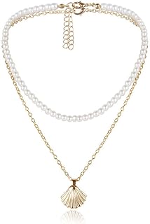 Shell Layered Necklace Pearl Choker Necklace Gold Necklace for Women and Teen Girl (gold)