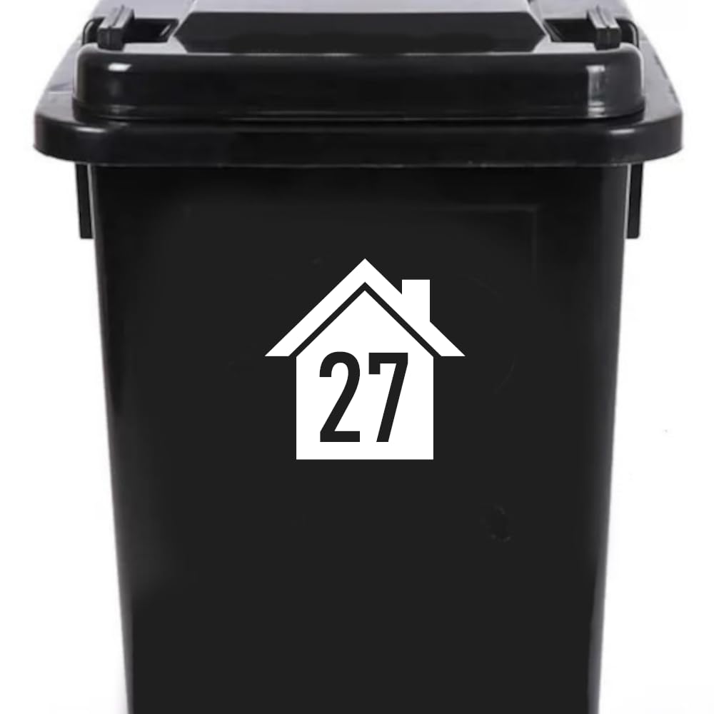 4 Pack House Number 27 Silhouette Waterproof Wheelie Bin Stickers 14cm x 14cm (5.5" x 5.5") - Waterproof Vinyl Decal - Long Lasting - Easy to Clean (27, White)