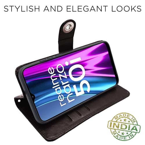 Image of Pikkme Realme Narzo 50i Flip Cover | Genuine PU Leather Finish | Full 360 Protection | Wallet Style | Inbuilt Pockets & Stand | Strong Button Closure Magnetic Flip Case for Realme Narzo 50i (Coffee)