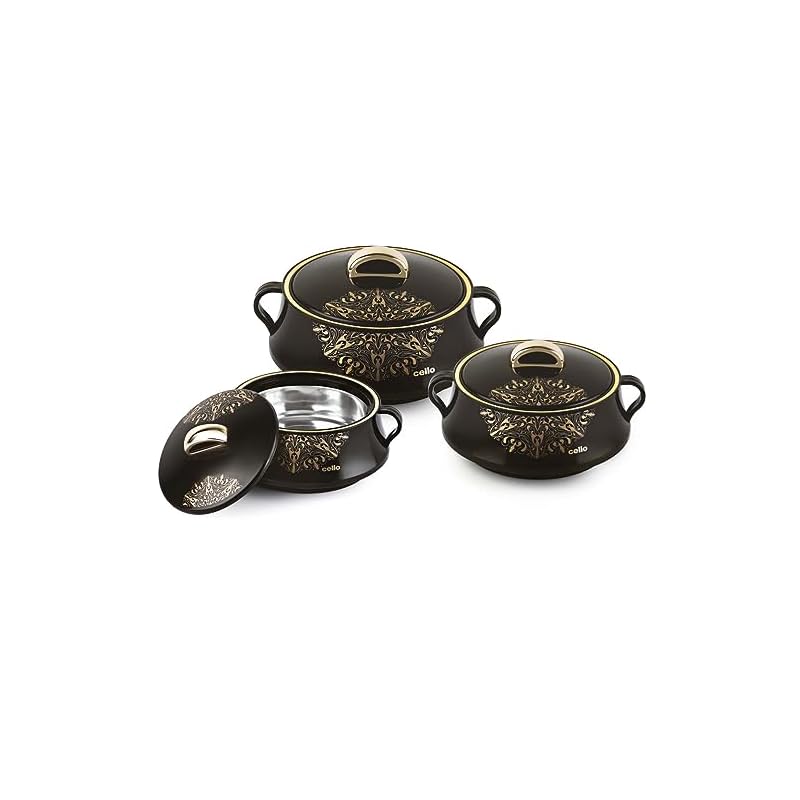 Cello Midas Casserole Gift Set with Inner Steel, 3 Unit(500ml, 1000ml, 1500ml), Black