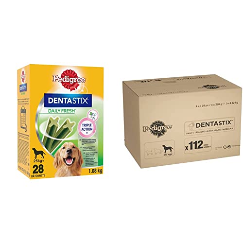 Pedigree DentaStix Daily Fresh Zahnpflegesnack für große Hunde – Hundeleckerli mit Aktivwirkstoffen, 112 Sticks & DentaStix Daily Oral Care Zahnpflegesnack für große Hunde – 1 x 112 Stück