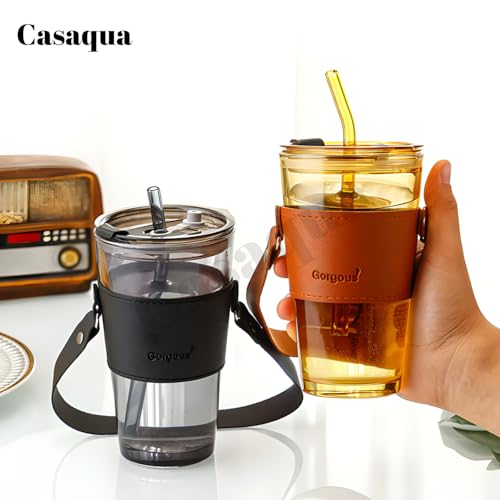 Image of Glass Tumbler with Lid & Straw - 450ml, Set of 1, Iced Coffee Cup, Clear Drinking Glass with Silicone Grip Sleeve, Leak-Resistant Lid, Travel Tumbler for Coffee, Tea, Office Use