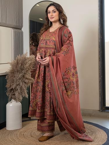 Image of Arayna Women's 100% Cotton Anarkali Kurta Set with Pant & Dupatta | Jaipuri Floral Ethnic Suit