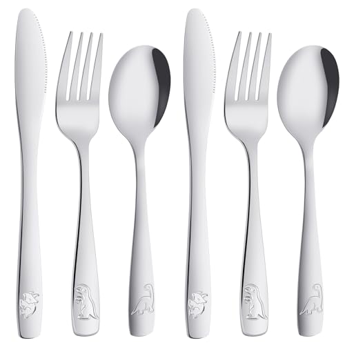 AUAUY 6PCS Couvert Inox, 2 x Fourchettes, 2 x Couteaux, 2 x Cuillères, Ensemble de couverts de table avec Motif Dinosaures Mignon, Couverts pour Maison...
