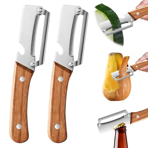 POP lina Multifunktionaler Gemüseschäler für die Küche, 2 Stücks Schäler aus Edelstahl, Sparschäler mit Holzgriff, Gemüseschäler und Flaschenöffner für Obst, Gemüses