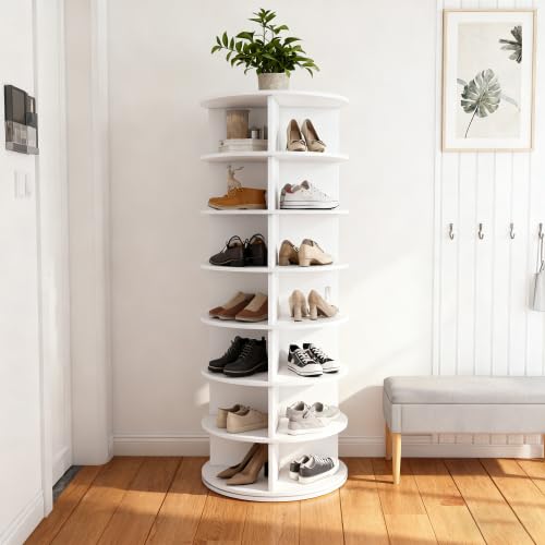 kozamas Zapatero, zapatero, armario para pasillo, almacenamiento de zapatos, giratorio 360°, color blanco, 7 estantes, gran estantería para 28 pares de zapatos, ahorra espacio (60 x 60 x 161 cm