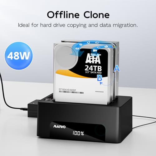 Image of MAIWO Dual Bay Hard Drive Docking Station with Offline Clone for 2.5 3.5 Inch SATA HDD SSD, USB 3.0 5Gbps Speed with UASP, 48TB Capacity, External Hard Drive Duplicator Cloner