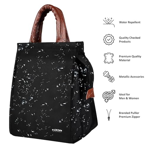 Image of LOREM Faux Leather Black Color Insulated Lunch Tote with Handle, Waterproof Reusable Lunch Bag for School, Office, Camping, Outdoor Activities (Blue), 8.5 Litre
