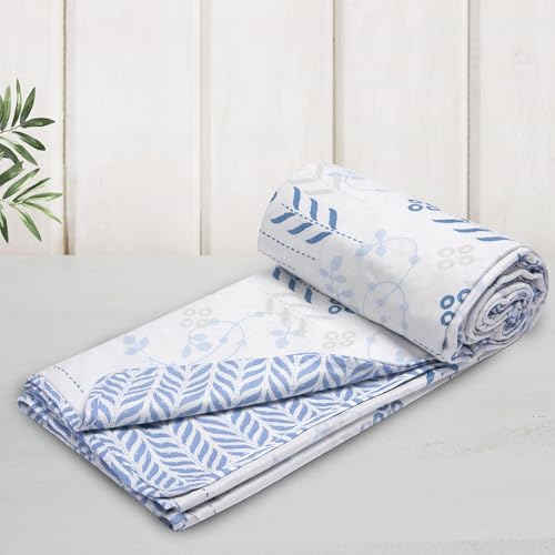 Image of HUESLAND 100% Cotton Reversible Dohar Toddler Size | Soft Cambric Weave, All Weather Light Comforter AC Quilt | Infants-New Born Blanket | 41 x 55 inches, Petal - White & Arctic Blue
