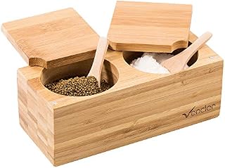Vencier Bamboo Spice Salt & Pepper Box Magnetic Hinged Pot Includes 2 Spoons 2 Part Sectioned Wood Salt Pig for Herbs & Spices