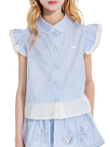 Girls Blue Ruffle Sleeve T-Shirt with Ocean Embroidery, Striped Summer Tops Fashion Tees for Girls Size16