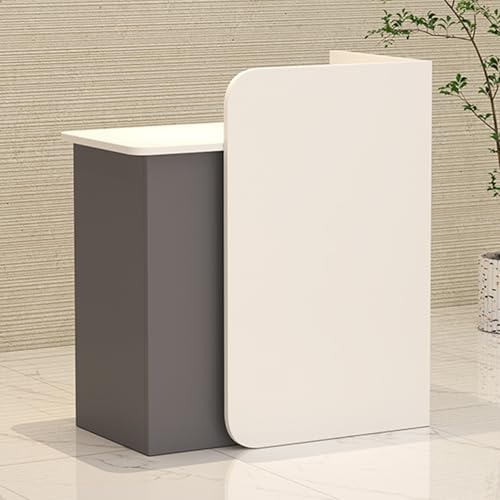 Reception Desk, Small Front Reception Desk Counter Table, Retail Reception Room Tables with Drawer Storage, Modern Checkout Counter for Store Salon Clothing Hote White+Gray-Turn Left 55.1×17.7×39.4in
