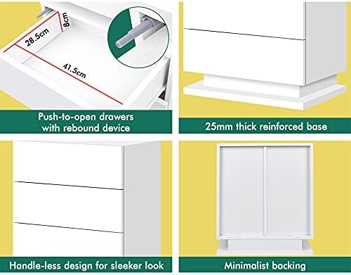 ELFORDSON Bedside Table 3-Drawer Nightstand High Gloss Storage Cabinet with RGB LED Light Wooden Bedroom Large Capacity Table Organizer - White