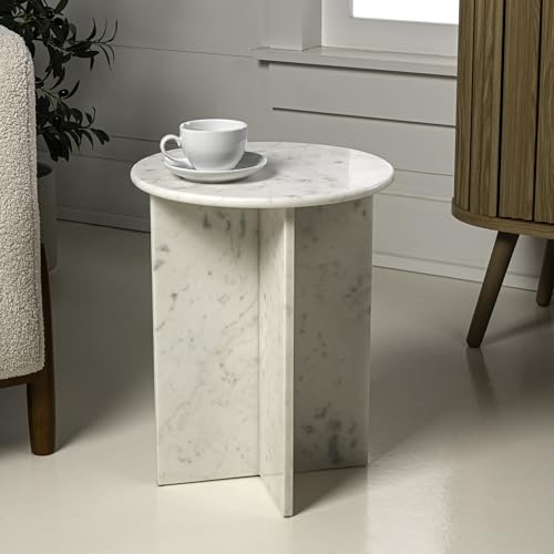 JONATHAN Y Javier Solid White Marble End Table, 17.75" Round Modern Accent Side Table with Geometric Cross Base for Living Room, Bedroom, Glossy Natural Stone, Fully Assembled MTB1103A by JONATHAN Y - Used condition - US$121.30
