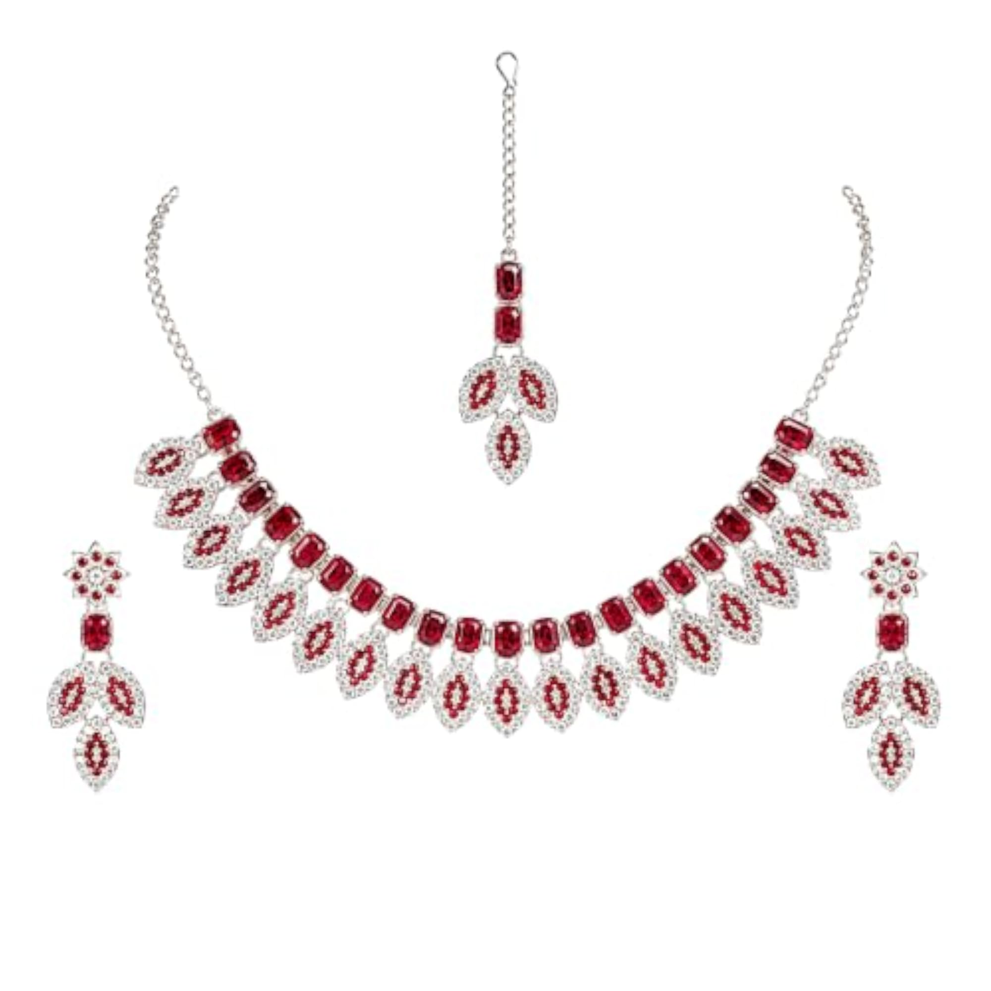 Women's Crystal Stone Traditional Necklace Set with Earrings and Maang Tikka