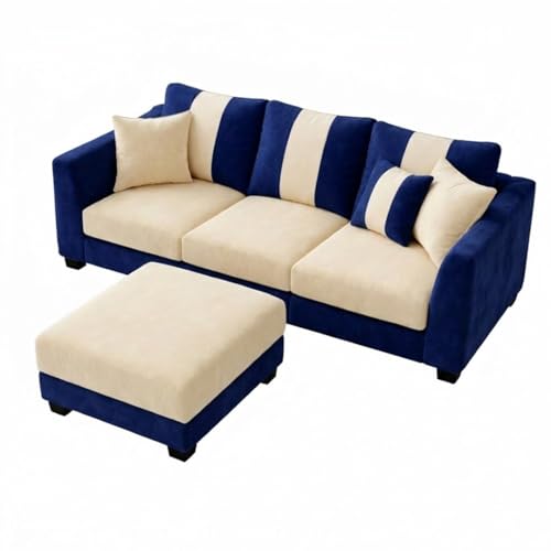 Image of Revo 4 Seater L Shape Sofa Set with Movable Ottoman | Flexible Left or Right Layout | Luxury Velvet Suede Fabric | Modern Living Room Sofa | Dark Blue-Cream