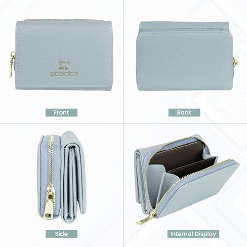 Image of Storite Women RFID Wallet | PU Leather | Slim Mini Zipper Purse with 5 Card Slots, ID Window, Cash & Coin Pocket | Button Closure (Light Blue - 11 x 8 x 4.2 cm)