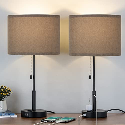 Bedside Lamps Set Of 2, Table Lamps With 2 Usb Charging Ports And A 3-Prong Ac Outlet, Nightstand Lamp Sets With Grey Fabric Shade For Bedroom Living Room Study Room, Led Bulbs Included, 21.7” Tall #TOP24
