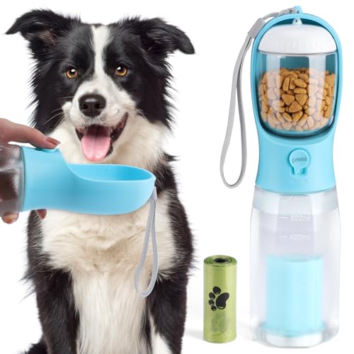 Alyvisun Dog Water Bottle with Food Container & Poop Bag | 600ml Portable Puppy Water Dispenser for Walking | Outdoor Drinking Cup for Pet Hiking, Travel