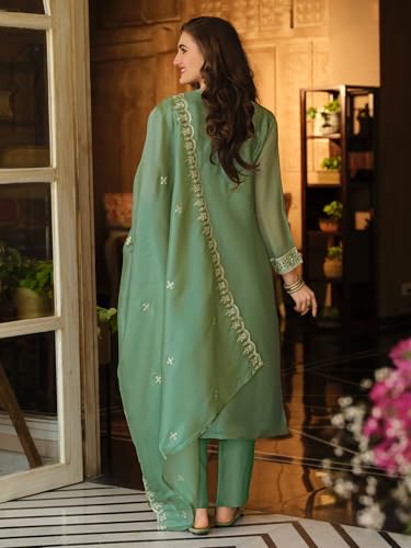 Image of INDO ERA Women's Straight Organza Ethnic Motifs Embroidered Kurta & Pant With Dupatta Set (KH9YL10613)