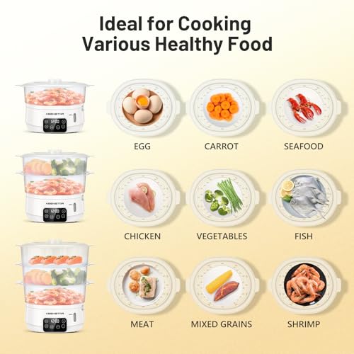 Electric Food Steamer, 13.7QT Vegetable Steamer with 3 Tiers BPA-Free Baskets, Digital Steamer with Appointment and Timer, 800W Simultaneous Cooking, Ideal for Veggies Seafood Rice White