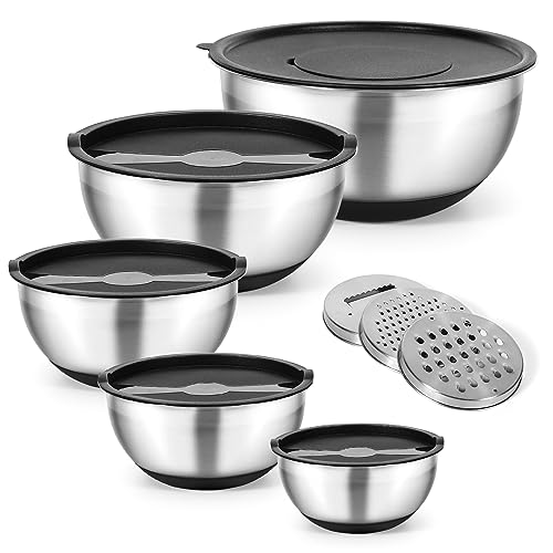Cinnani 5 Juego de Acero Inoxidable Cuencos mezcladores con Tapa, Ensaladera, Cuenco Comida, Tazón de Cocina Multifuncional con 3 para Rallar y Fondo de Silicona Antideslizante, Apilar