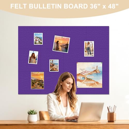AKONEGE Large Felt Bulletin Board 48\" x 36\" Cork Board Alternative for Walls, 12 Pack Wavy Grain Felt Wall Tiles with 70 Adhesive Tabs & 20 Push Pins, Pin Boards for Office Home Decor,Violet