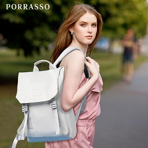 PORRASSO Laptop Backpack Women Daypack Rucksack for 14 Inch Laptop with Luggage Strap Business Waterproof Bookbag Travel Knapsack White A2