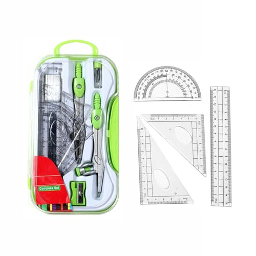 10Pcs Geometry Set, Math Geometry Kit with Metal Compass, Protractor, Ruler, Eraser & Pencil Sharpener, Drawing Tools for Engineering, Drafting (Green)