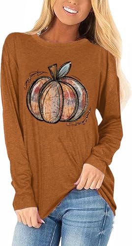 Scgirl Womens Fall Shirts Halloween Long Sleeve Leopard Pumpkin T-Shirts Casual Thanksgiving Graphic Tee Tops (XL,25E Brown)