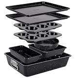 NutriChef 8-teiliges stapelbares Backformen-Set aus Karbonstahl | Antihaft, PFOA- & PFOS-frei | Ofenfest bis 232 °C | Mit Backblech, Muffinform, runder, eckiger & Kasten-Kuchenform | Schwarzer Marmor