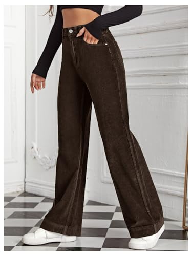 Floerns Women's Vintage Corduroy High Waist Trouser Wide Leg Pants with Pockets3
