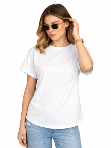 Image of JUNEBERRY Pure 100% Cotton Oversized Loose Fit Drop Shoulder Round Neck Boyfriend Fit Solid Half Sleeves T-Shirt for Women & Girls (Sizes: S to 2XL)