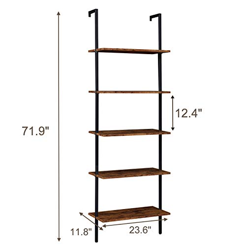 SUPERJARE Industrial Ladder Shelf, 5-Tier Wood Wall-Mounted Bookcase with Stable Metal Frame, 72 Inches Storage Rack Shelves Display Plant Flower, Stand Bookshelf for Home Office - Rustic Brown