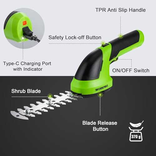 WORKPRO 2 IN 1 Cordless Hedge Trimmer and Grass Shear, 7.2V Electric Grass Trimmer with 2000mAh Lithium-ion Battery, Lightweight Hand Held Hedge Trimmer with 2 Interchangeable Blades