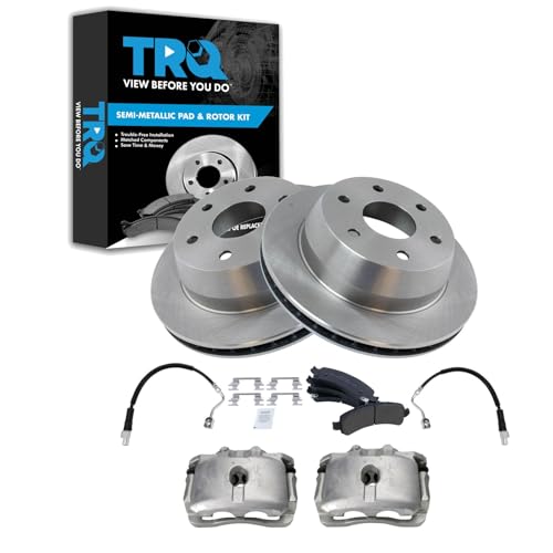 Image of TRQ Rear Brake Pad, Caliper, Hose, & Rotor Kit Semi-Metallic Compatible with 2003-2009 Chevrolet Express 1500 2003-2013 GMC Savana 1500